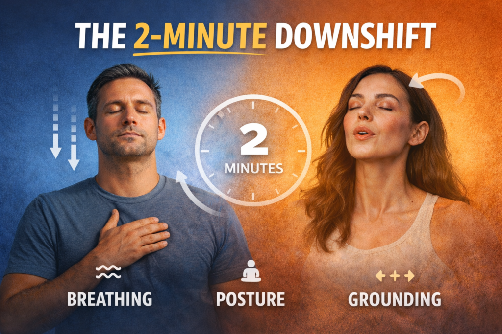 Person practising calm breathing beside a timer showing two minutes, illustrating the 2-minute downshift nervous system reset using breathing, posture and grounding.