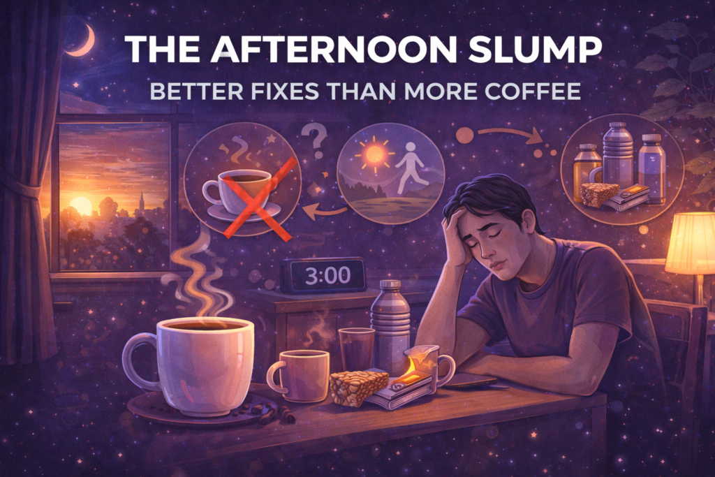 Afternoon energy slump illustration showing tired person at desk with coffee crossed out and healthier alternatives like light, movement and protein