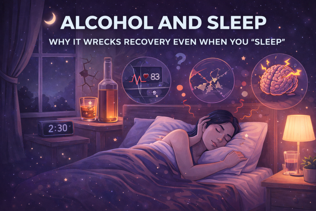 Alcohol disrupting sleep with person awake in bed at night, bottle and glass beside alarm clock and stress icons