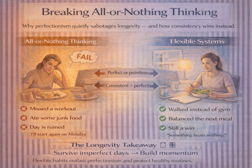 Breaking all-or-nothing thinking infographic comparing perfectionist habits with flexible systems that prioritise consistency over perfection for longevity
