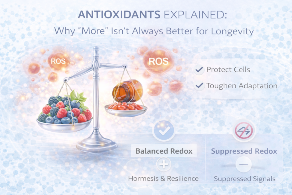 Light clinical infographic showing a balance scale with berries on one side and antioxidant capsules on the other, surrounded by reactive oxygen species icons, illustrating the importance of balanced redox control rather than excessive antioxidant intake for healthy ageing.