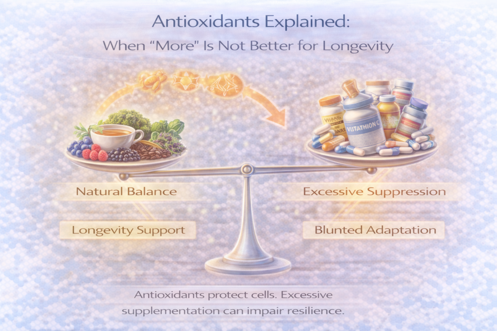 Light clinical infographic showing a balance scale comparing natural antioxidant-rich foods with excessive supplement pills, illustrating how balanced antioxidant intake supports longevity while over-supplementation can blunt adaptation and resilience.