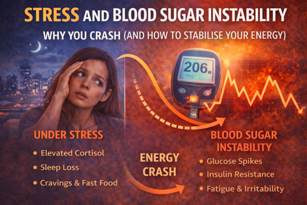 Infographic showing a stressed woman linked to a blood glucose monitor and fluctuating chart, illustrating how stress causes blood sugar instability and energy crashes.