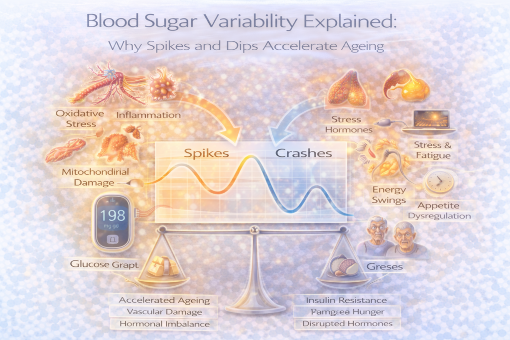 Clinical infographic showing a blood glucose graph with spikes and crashes linked to oxidative stress, inflammation, mitochondrial strain, stress hormones, energy swings and accelerated ageing, illustrating why unstable blood sugar increases metabolic and biological stress.
