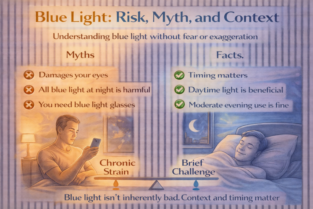 Blue light infographic comparing common myths with evidence-based facts, showing how timing and context determine blue light’s impact on sleep and health
