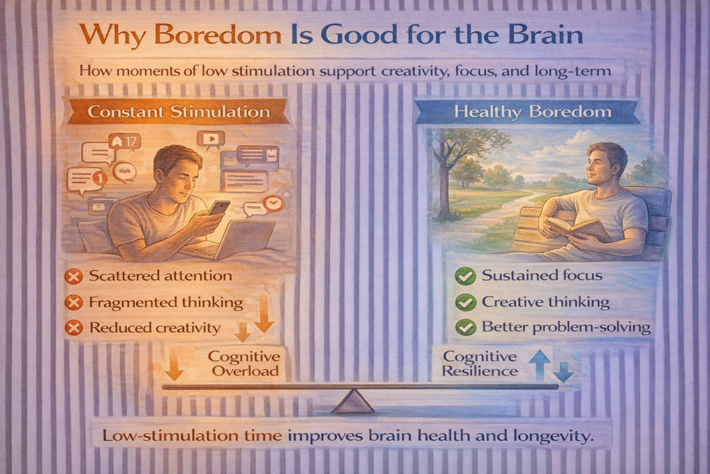 Why boredom is good for the brain infographic comparing constant digital stimulation with healthy boredom that supports focus, creativity, and cognitive resilience