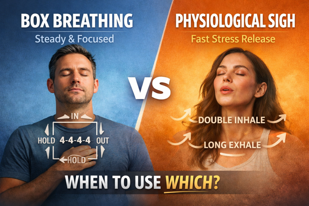 Box breathing versus physiological sigh breathing techniques, showing a man practising box breathing and a woman performing a physiological sigh to compare stress reduction methods.