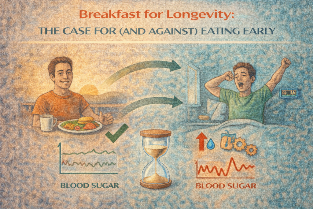 Breakfast for longevity illustration showing early balanced breakfast supporting metabolic health versus skipping breakfast in a calm, non-judgemental way.