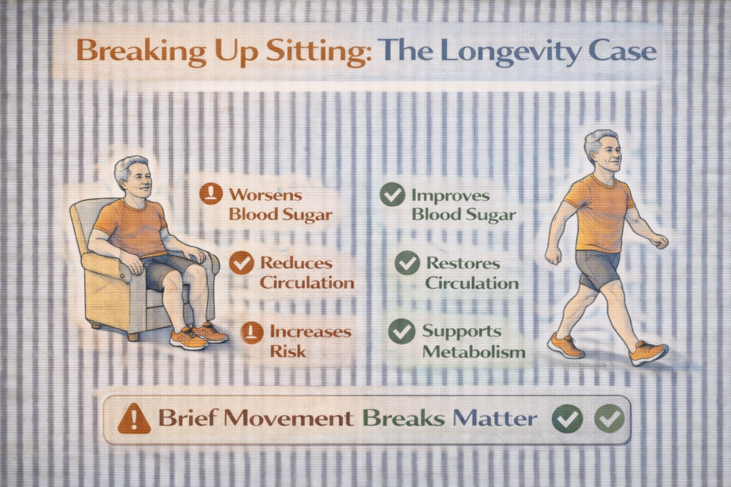 Breaking up sitting infographic showing a seated man versus the same man walking, highlighting blood sugar, circulation, and metabolic health benefits