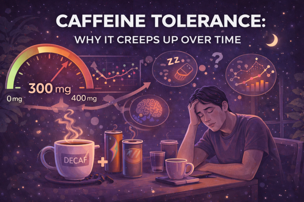 Caffeine tolerance illustration showing increasing caffeine intake, tired person, and rising tolerance over time
