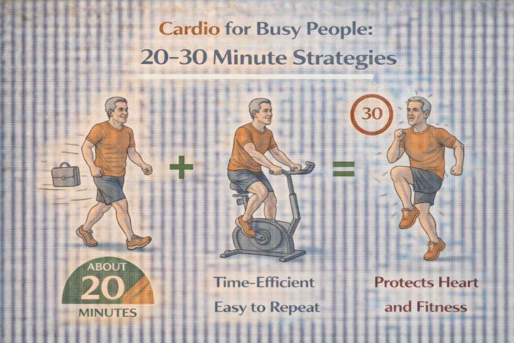 Cardio for busy people illustration showing short 20–30 minute workouts like walking, cycling, and brief intervals to support heart health