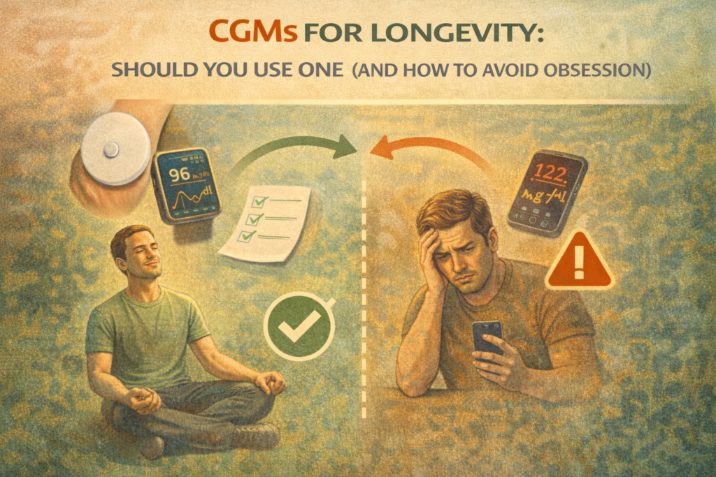 CGMs for longevity illustration showing continuous glucose monitor, glucose trend line, and balanced approach to blood sugar tracking