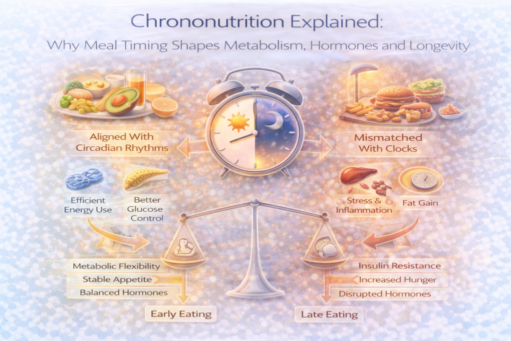 Light clinical infographic showing a central clock balancing day and night eating patterns, comparing circadian-aligned meals with improved glucose control, energy use and metabolic flexibility versus late eating linked to insulin resistance, inflammation, disrupted hormones and fat gain.