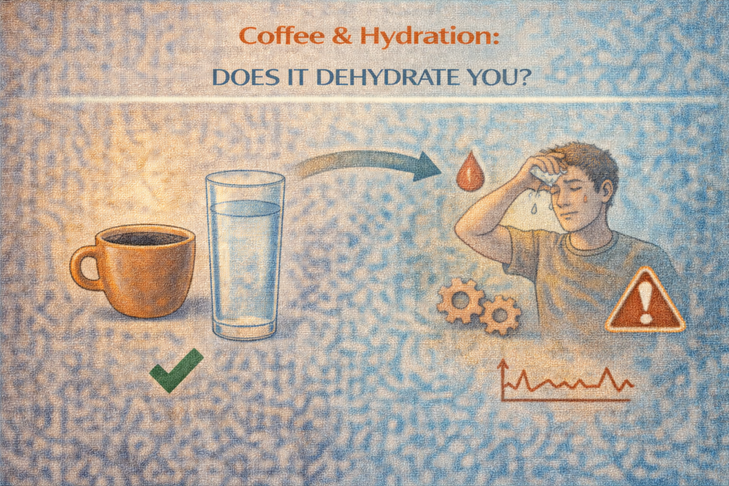 Coffee and hydration illustration comparing coffee and water intake with common dehydration concerns to explain whether coffee dehydrates you