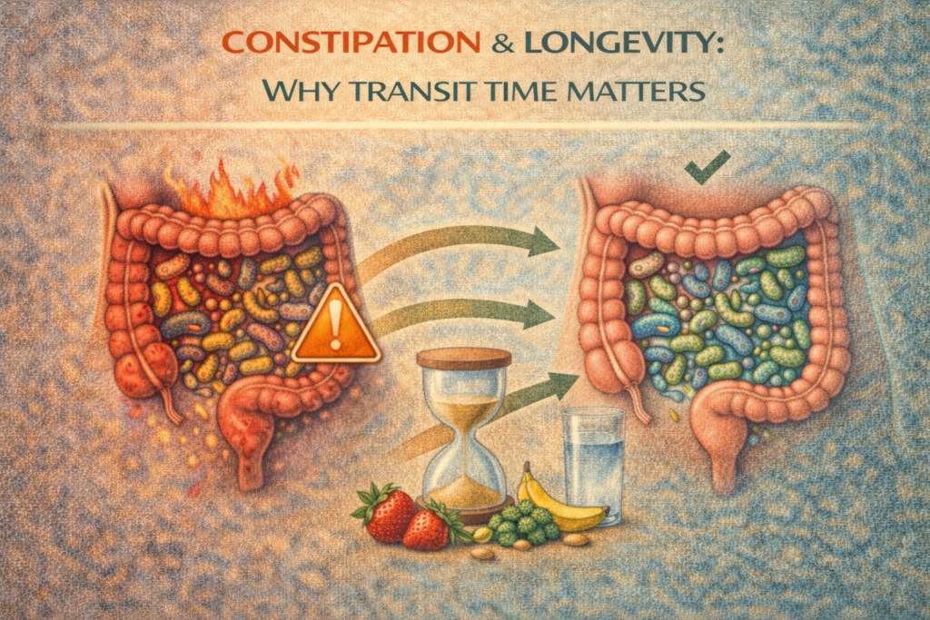 Constipation and longevity illustration showing slow gut transit contrasted with healthy bowel movement and diverse gut bacteria
