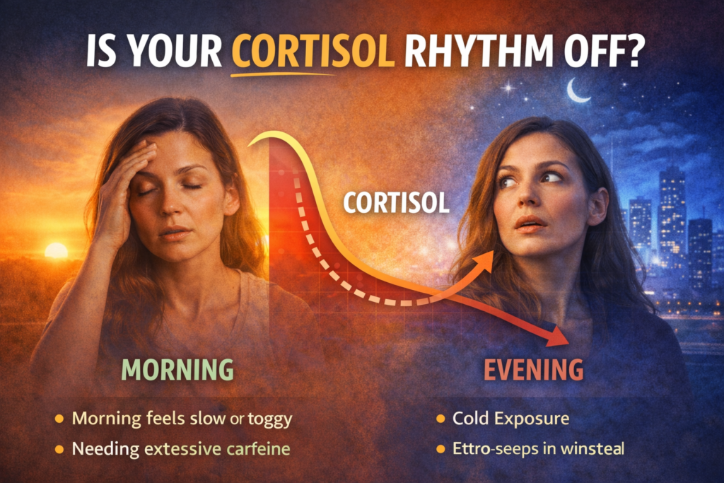 Split image showing a tired woman in the morning and an anxious woman at night with a cortisol curve between them, illustrating signs of a disrupted cortisol rhythm.