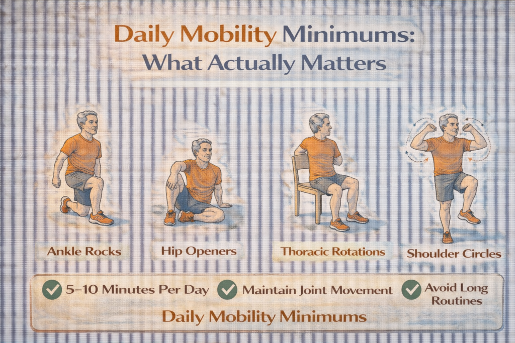 Daily mobility minimums illustration showing ankle rocks, hip openers, thoracic rotations, and shoulder circles as essential joint movements for healthy ageing