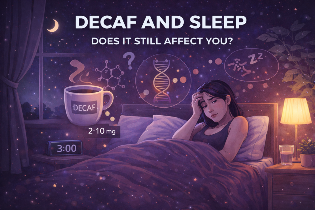 Decaf coffee and sleep illustration showing tired person awake at night with decaf mug and sleep disruption icons