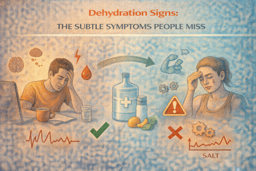 Dehydration signs illustration showing subtle symptoms like fatigue, headaches, and poor focus alongside balanced hydration with water and electrolytes