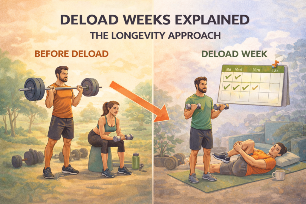 Deload week illustration showing reduced training intensity with calm movement, recovery symbols, and relaxed athlete