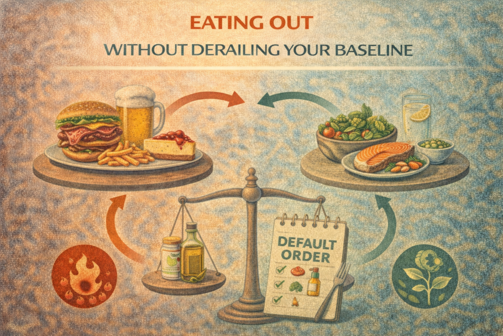 Eating out without derailing your baseline illustration showing indulgent restaurant foods balanced against healthier default meal choices Featured Image Description