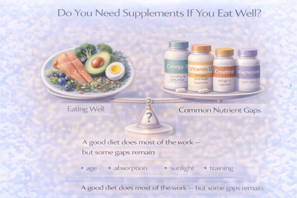 Light clinical infographic showing a balance scale comparing a plate of healthy whole foods with supplement bottles labelled omega-3, vitamin D, creatine and magnesium, illustrating that eating well does most of the work but common nutrient gaps can still remain.