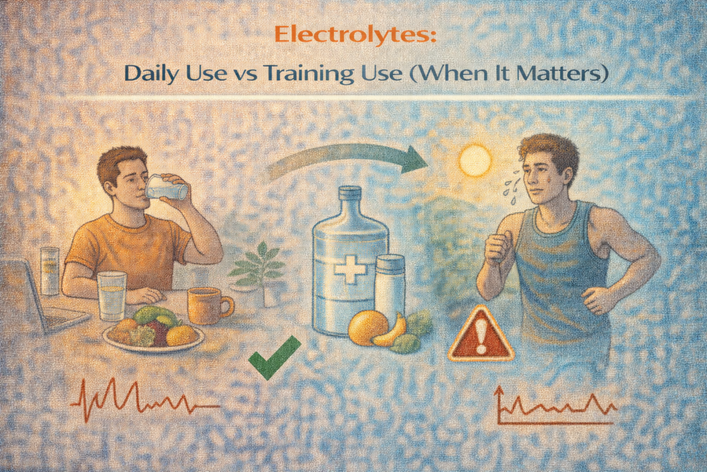 Electrolytes illustration comparing everyday hydration with electrolyte use during intense training and sweating.