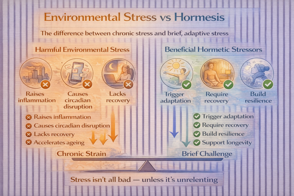 Environmental stress vs hormesis infographic comparing chronic environmental stressors with brief, adaptive stress that builds resilience and supports longevity.