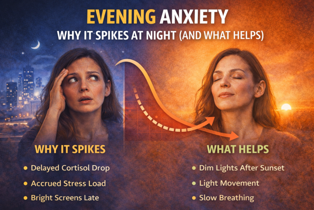Split illustration showing a calm daytime scene and an anxious nighttime scene with a worried person lying awake in bed, illustrating why anxiety often spikes in the evening.