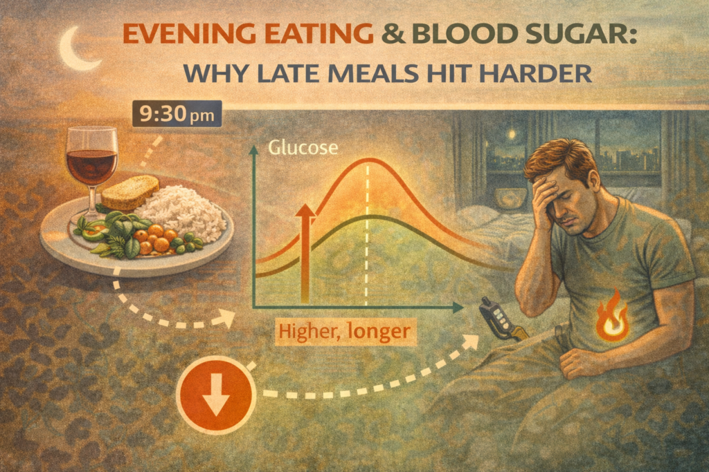 Evening eating and blood sugar illustration showing late dinner, higher glucose spike, and tired person at night