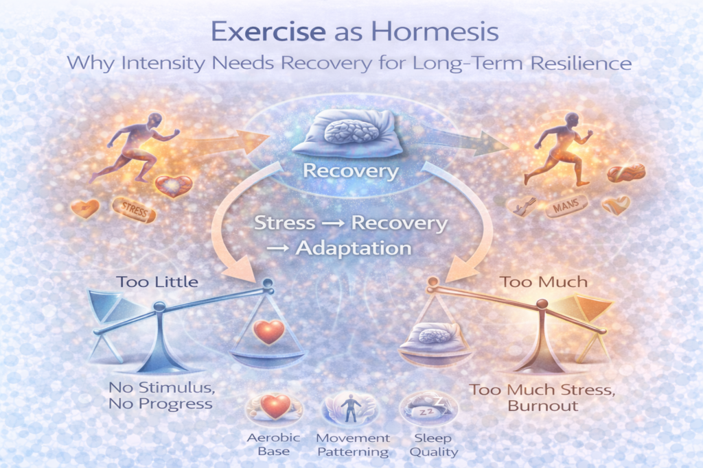 Light clinical infographic illustrating exercise as hormesis, showing the cycle of stress, recovery and adaptation, with balance scales highlighting too little stimulus versus too much stress, and icons for movement, sleep quality and aerobic base supporting long-term resilience.