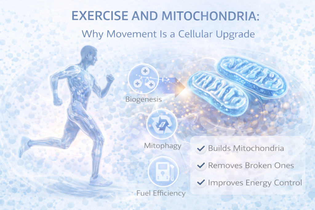 Light clinical infographic showing a running human figure connected to glowing mitochondria, illustrating how exercise stimulates mitochondrial biogenesis, mitophagy and improved cellular energy control.