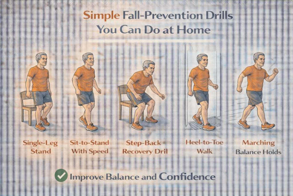 Illustration showing simple fall-prevention drills at home, including single-leg stands, sit-to-stand movements, step-back recovery, heel-to-toe walking, and marching balance holds