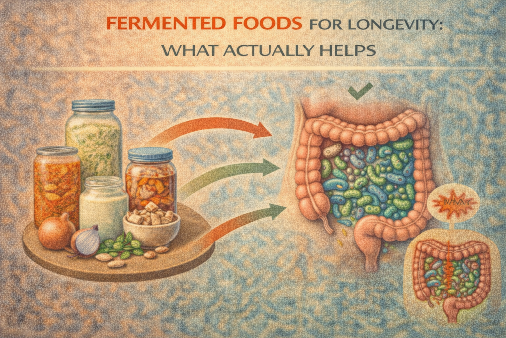 Fermented foods for longevity illustration showing jars of fermented foods feeding beneficial gut bacteria in the intestine