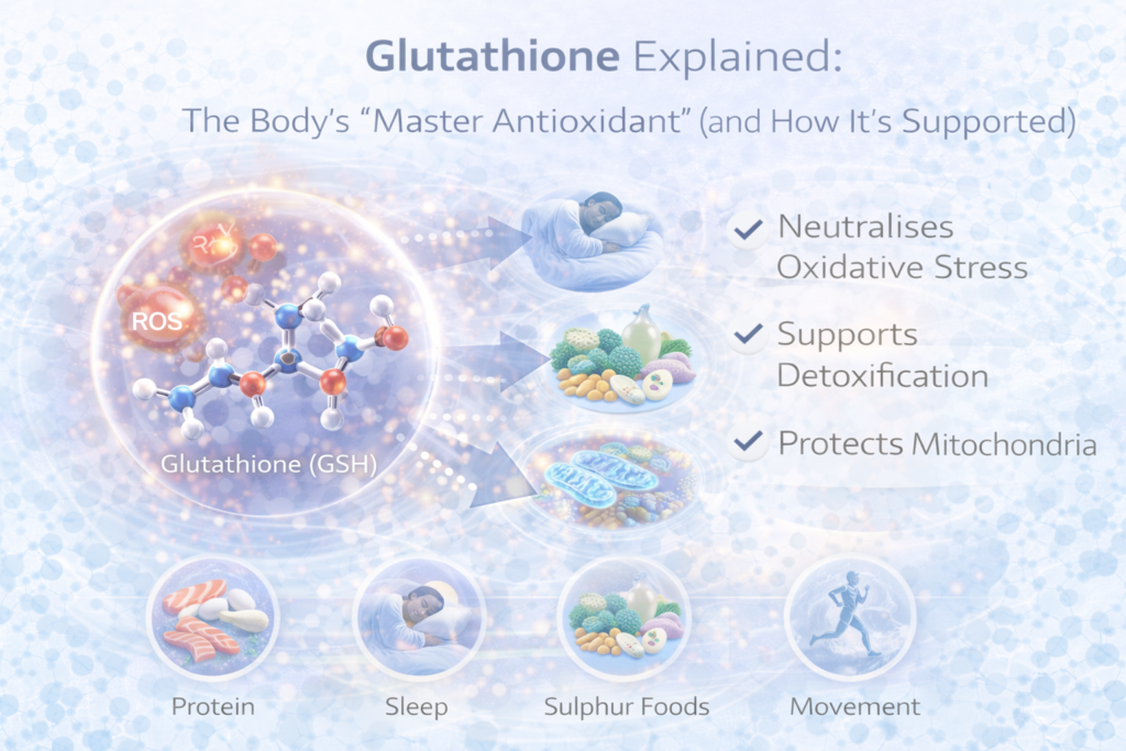 Light clinical infographic showing the glutathione (GSH) molecule neutralising reactive oxygen species, with icons for sleep, protein intake, sulphur-rich foods and movement illustrating how lifestyle supports the body’s master antioxidant and cellular protection.