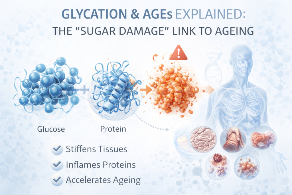 Light clinical infographic showing glucose binding to a protein to form advanced glycation end products (AGEs), illustrating how sugar damage stiffens tissues, increases inflammation and accelerates ageing.