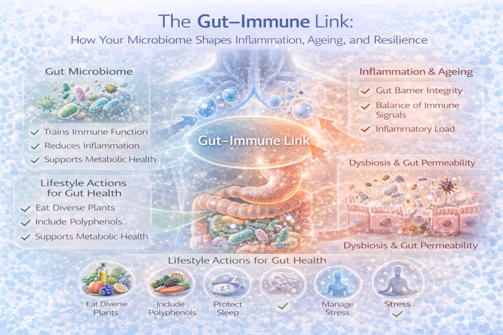 Light clinical infographic showing the gut microbiome connected to immune cells inside a human torso, illustrating how gut barrier integrity, microbial balance and lifestyle factors influence inflammation, ageing and immune resilience.