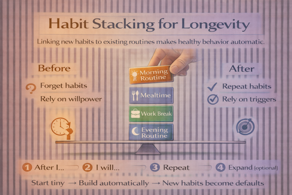 Habit stacking for longevity infographic showing how linking new habits to existing routines makes healthy behaviours automatic