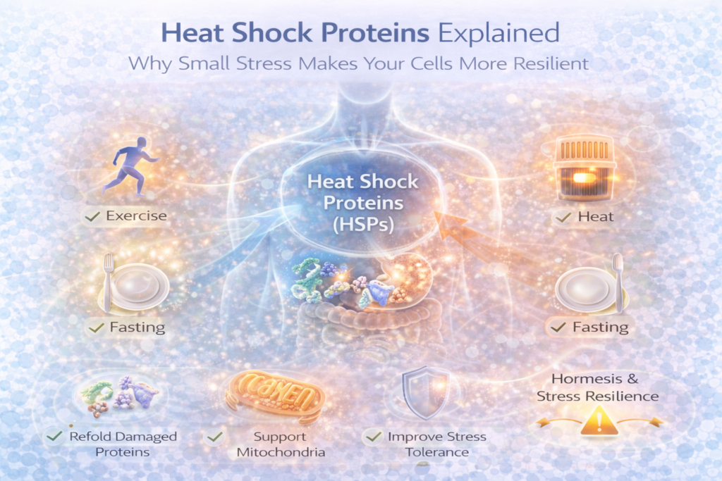 Light clinical infographic illustrating heat shock proteins activating cellular repair pathways, with icons representing protein folding, mitochondrial protection, exercise, heat exposure and cellular resilience in a clean science-based design.