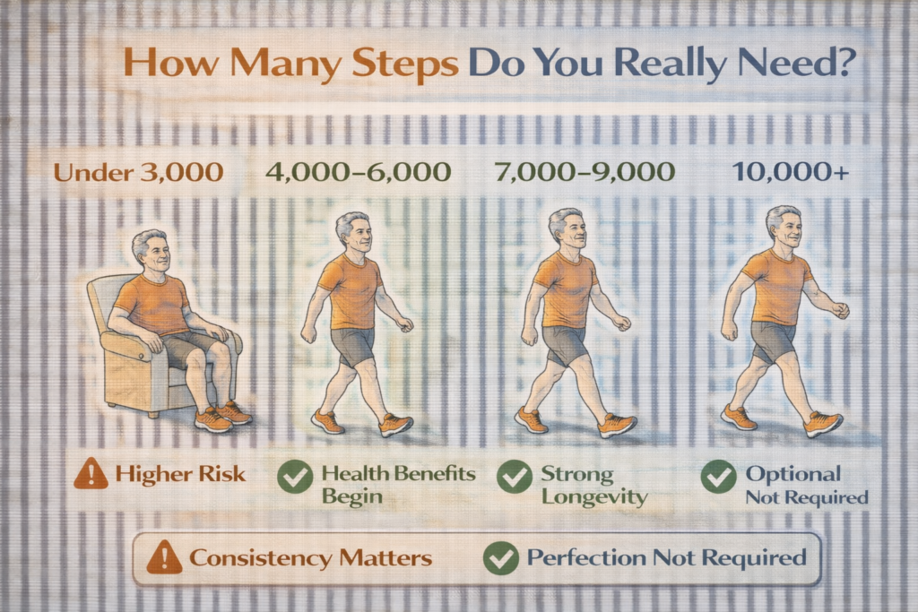 Infographic showing step count ranges from under 3,000 to 10,000+, illustrating how different daily step levels relate to health and longevity