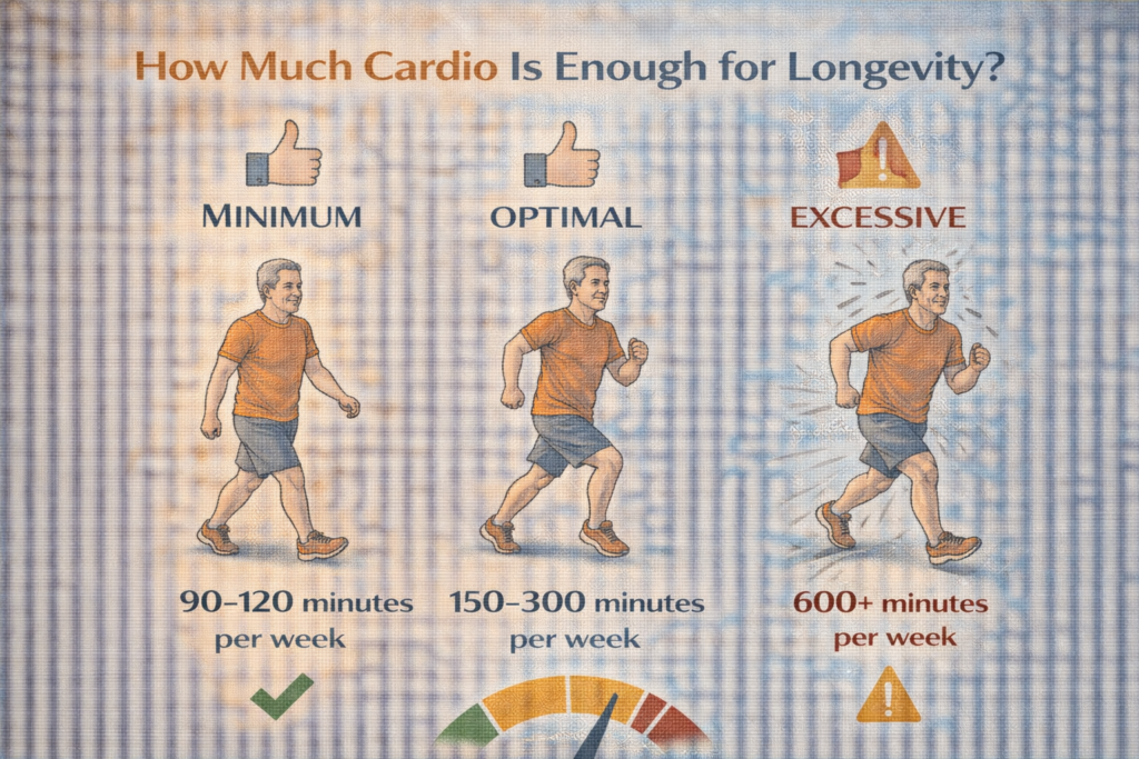 Illustration showing different weekly cardio amounts, comparing minimum, optimal, and excessive exercise levels for longevity