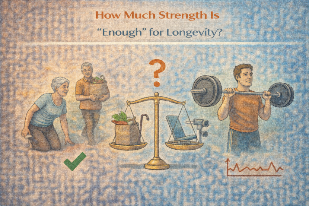 Longevity strength illustration comparing everyday functional strength with heavy weightlifting to show how much strength is enough for healthy ageing.