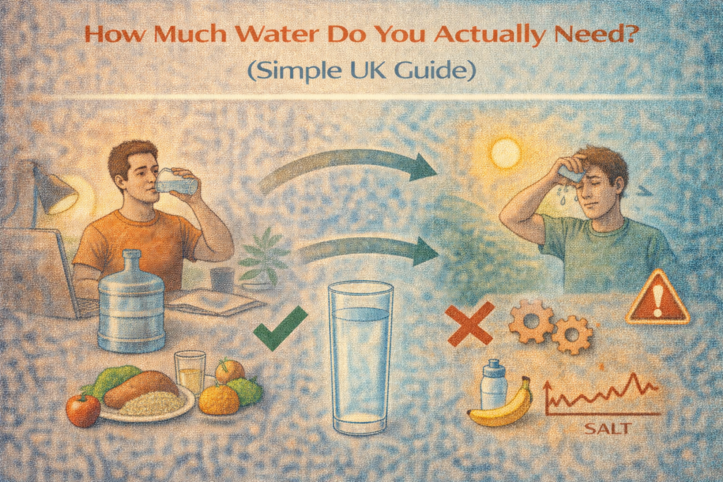 Hydration illustration showing appropriate daily water intake contrasted with dehydration risk, highlighting how water needs vary by activity and environment.