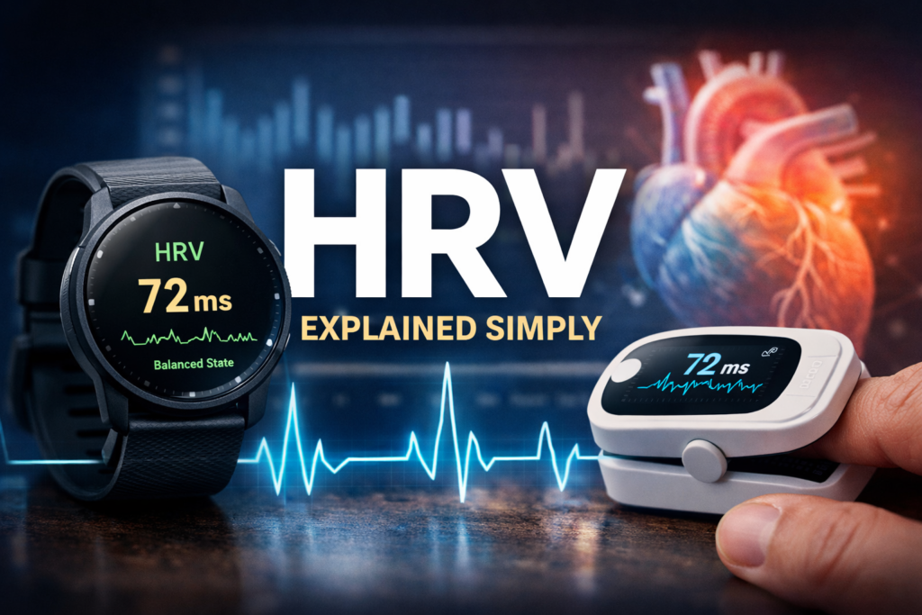 Smartwatch and fingertip health sensor displaying HRV 72ms with ECG waveform and heart graphic, illustrating heart rate variability explained simply