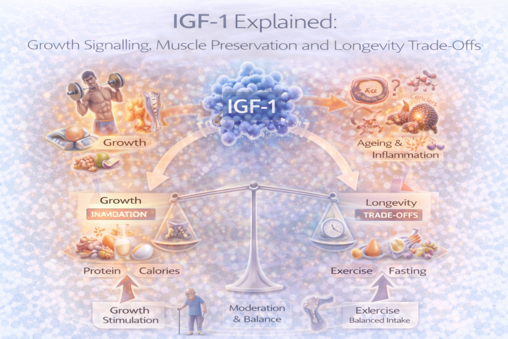 Light clinical infographic illustrating IGF-1 as a central growth signal, showing muscle and tissue building on one side and ageing and inflammation trade-offs on the other, with balance scales highlighting moderation through protein intake, calories, exercise and fasting for long-term longevity.