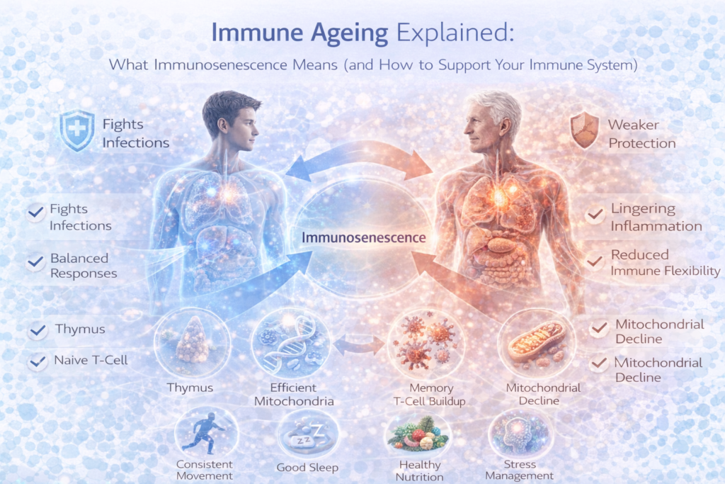 Light clinical infographic comparing a younger and older human figure to illustrate immune ageing (immunosenescence), showing reduced thymus activity, memory T-cell buildup, mitochondrial decline and higher chronic inflammation, alongside lifestyle actions that support immune resilience.