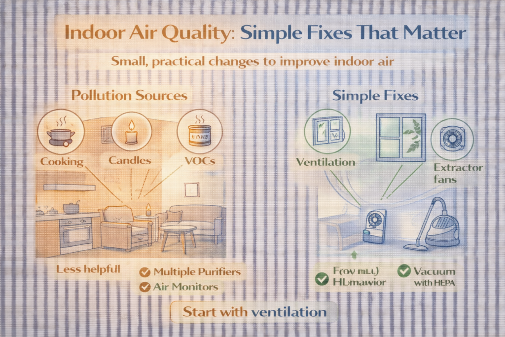 Indoor air quality infographic showing common indoor pollution sources like cooking, candles, and VOCs alongside simple fixes such as ventilation, extractor fans, and HEPA vacuuming