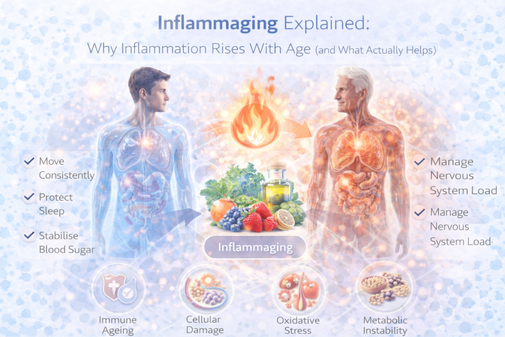 Light clinical infographic comparing a younger and older human figure with cool versus warm glowing organs, illustrating inflammaging and how rising chronic inflammation with age is influenced by immune ageing, oxidative stress and metabolic instability, alongside lifestyle actions that help reduce inflammatory load.