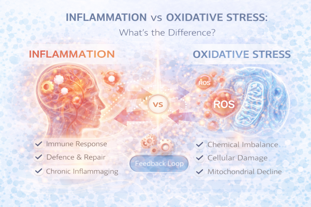 Light clinical infographic comparing inflammation and oxidative stress, showing an immune response on one side and a mitochondrion with reactive oxygen species (ROS) on the other, connected by a feedback loop illustrating how both processes interact in ageing.