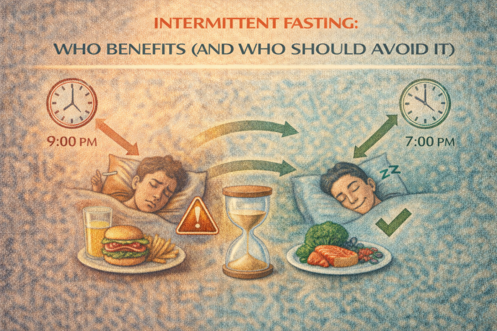 Intermittent fasting illustration comparing late-night eating with earlier meals, showing differences in sleep quality and metabolic stress